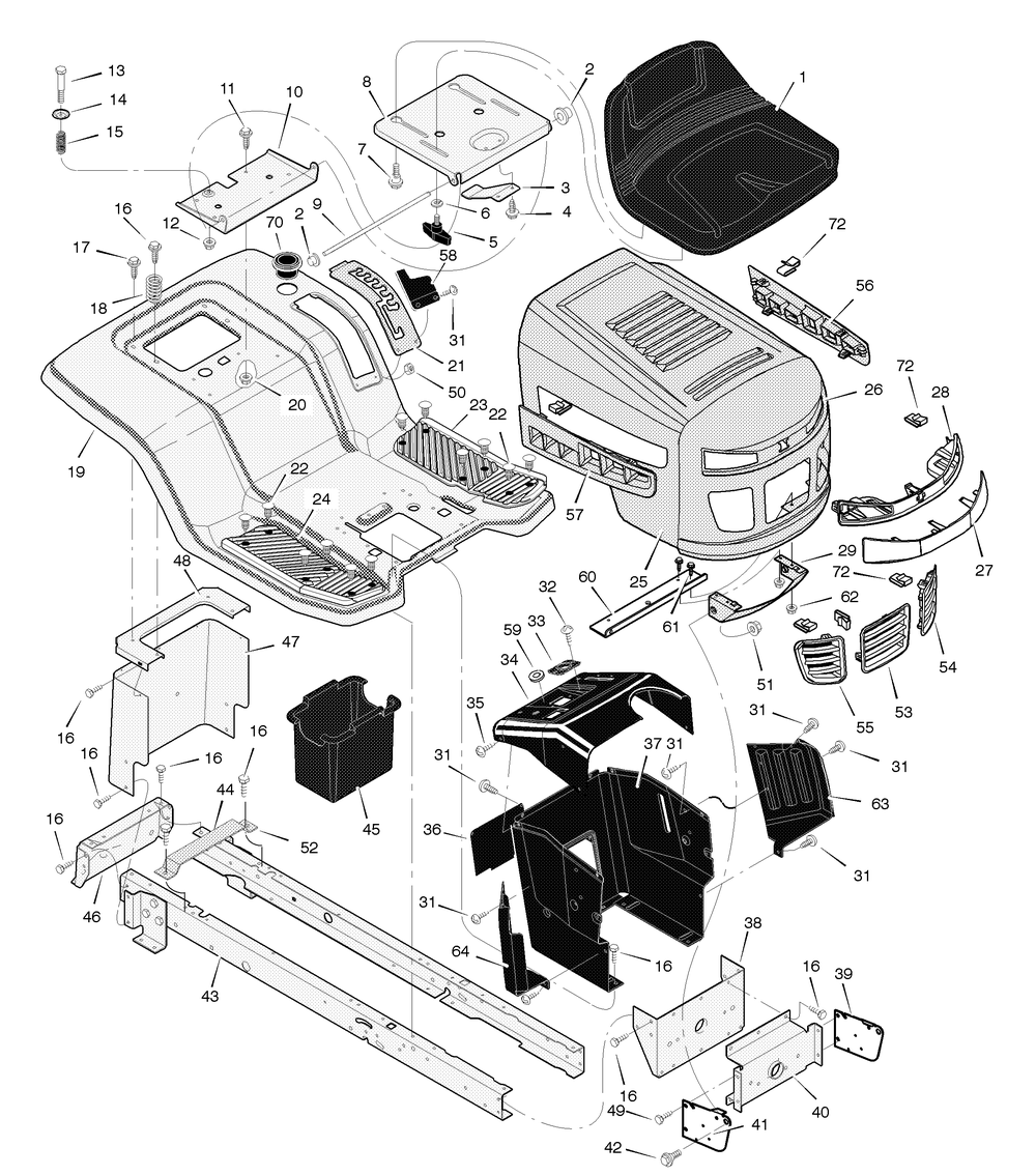 Chassis And Hood Diagram and Parts List for 425621X53A 2004 Briggs and Stratton Lawn Tractor